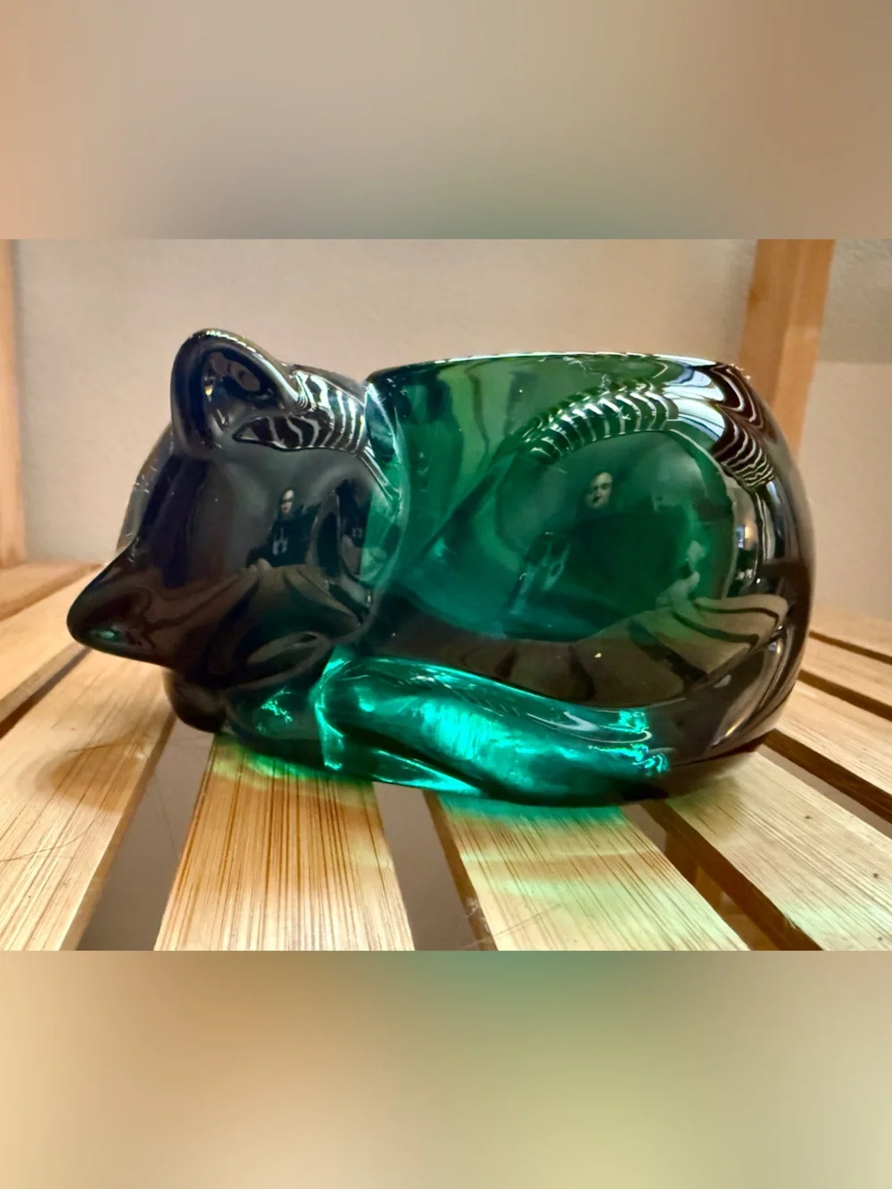 Green Glass Cat Decorative Vessel - Handcrafted Accent
